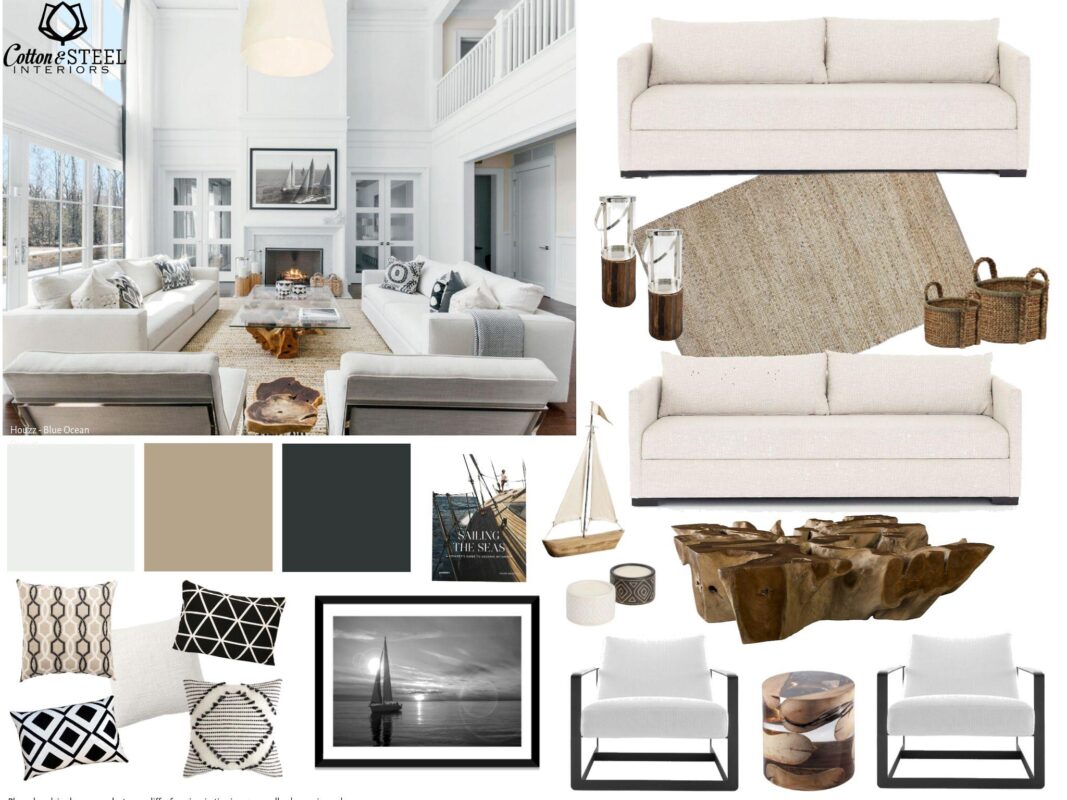 Coastal living room mood board with crisp whites, natural textures, subtle nautical touches, and light, airy decor