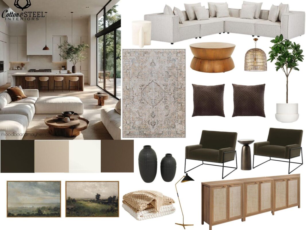 Earthy modern living room design with olive, cream, and rich wood tones