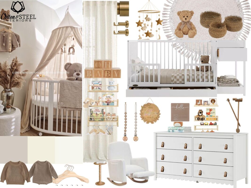 Neutral boho nursery mood board with soft neutrals, natural materials, gentle boho details, and cozy, intentional decor.