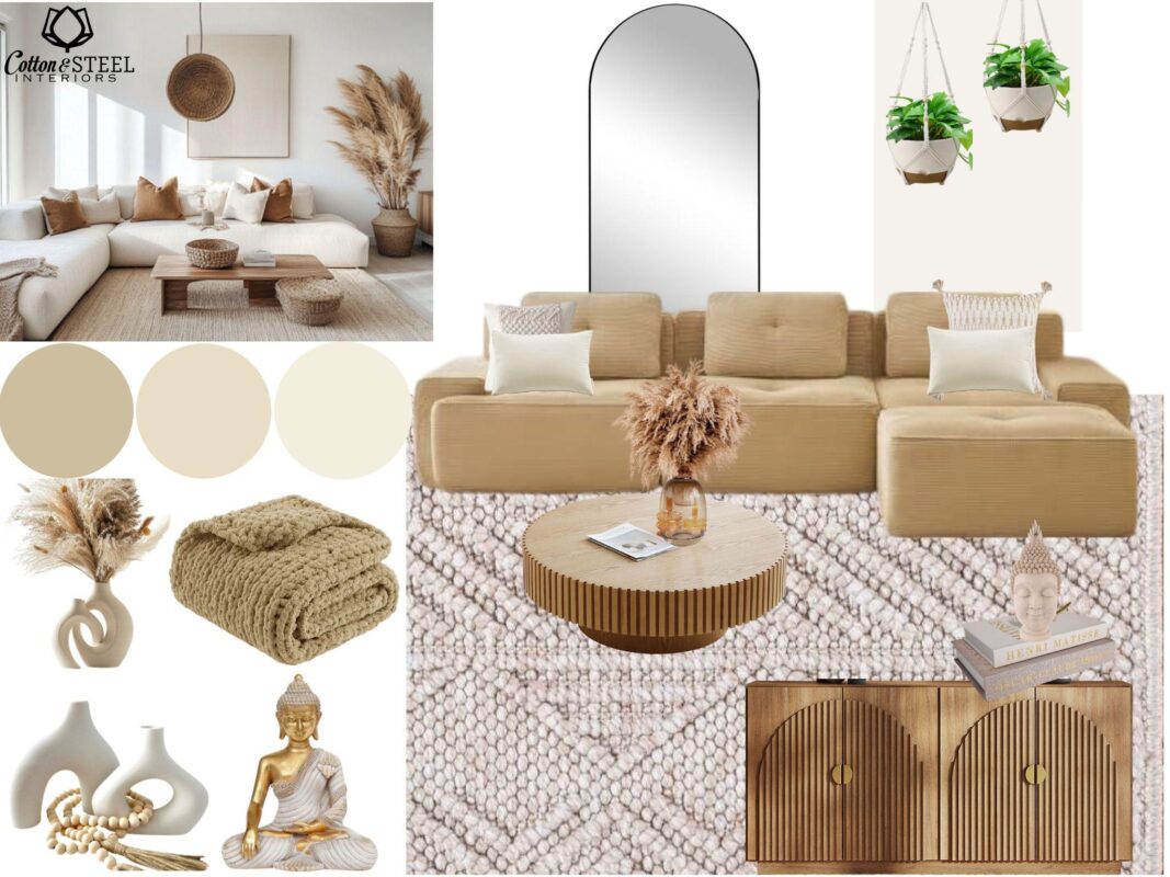 Warm boho living room mood board with organic shapes, sandy tones, boho-inspired accents, and relaxed, sun-warmed decor.