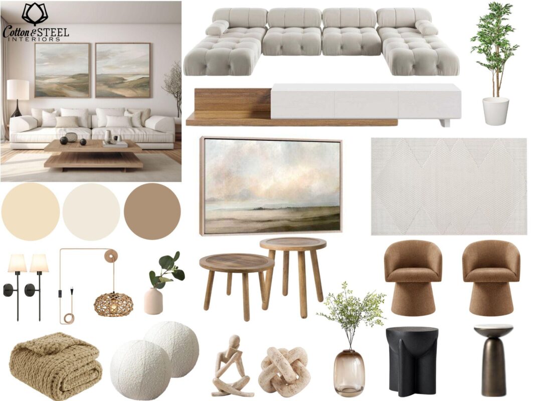 Warm neutral living room mood board with boucle textures, natural wood accents, and soft, serene decor.