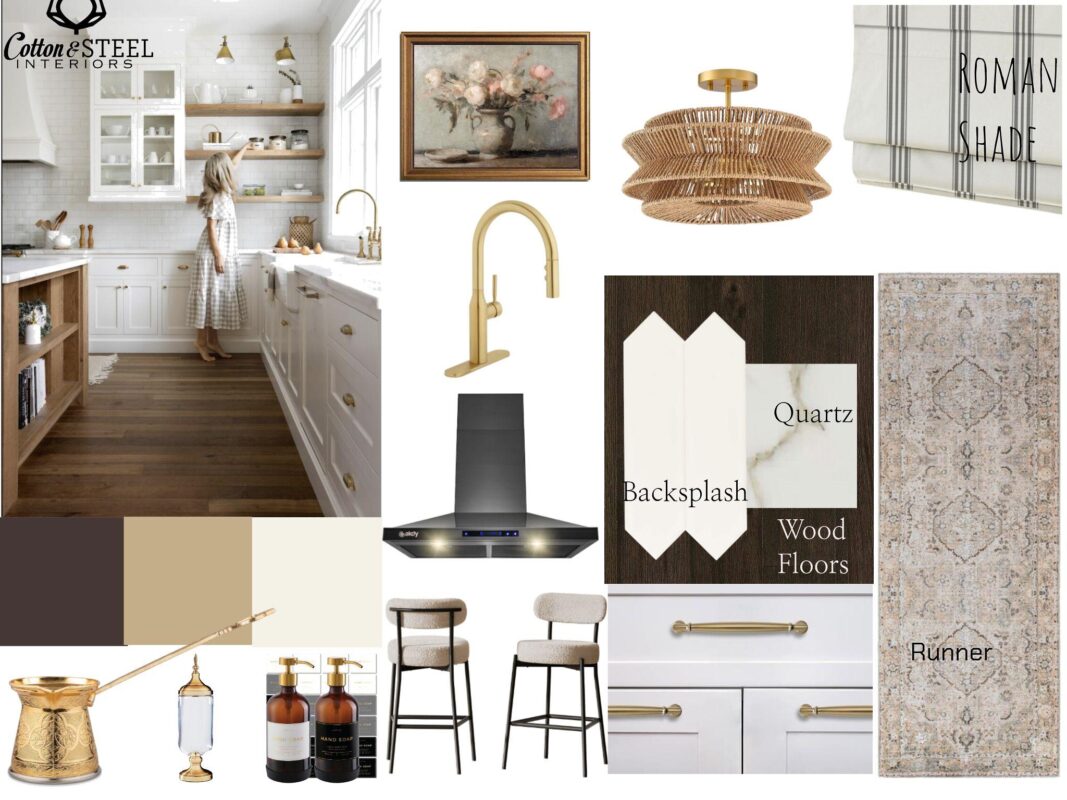 Warm transitional kitchen mood board with classic white cabinetry, rich wood tones, gold hardware, and artisan touches